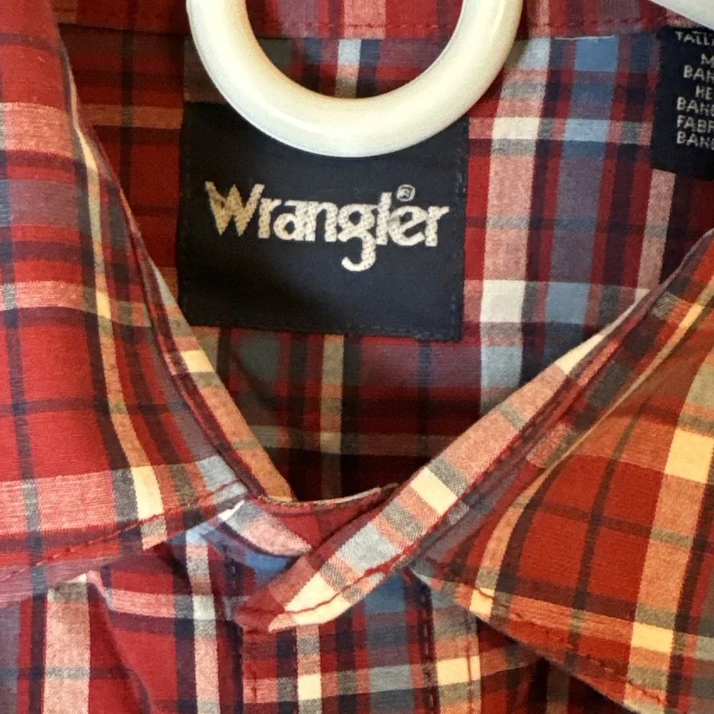 Wrangler Wrancher Men's Sz LT Long Sleeve Shirt Red White Plaid Pearl Snaps